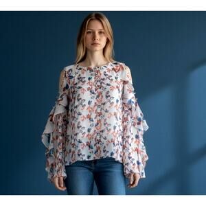 Tanya Taylor 100% Silk Floral Cold Shoulder Ruffle Sleeve Blouse Top Size 10